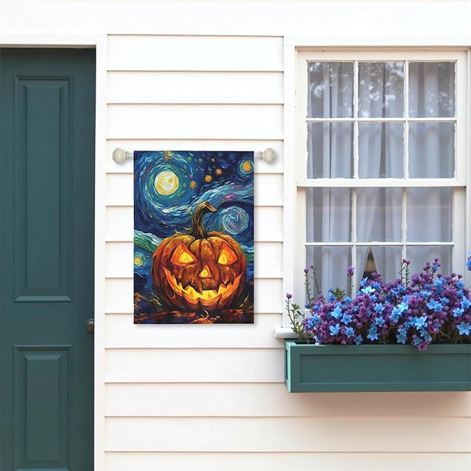 Halloween Garden Flag Pumpkin House Banner Van Gogh Garden Flags Arts Starry Night Sky Moon Yard Flags Double Sided Fall Porch Patio Farmhouse Outdoor Yard Window Decorative 28 x 40 Inch