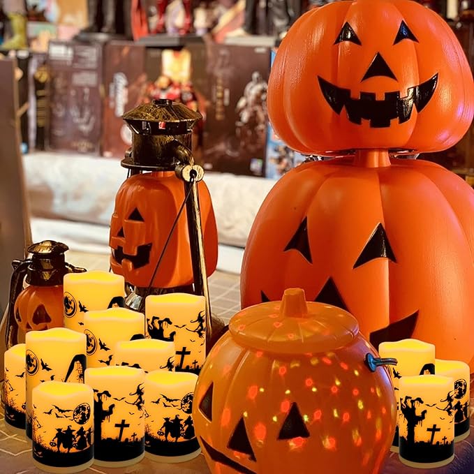 12-Pack Halloween-Flameless Led Pillar Candles，Remote Control and Timer Functions,