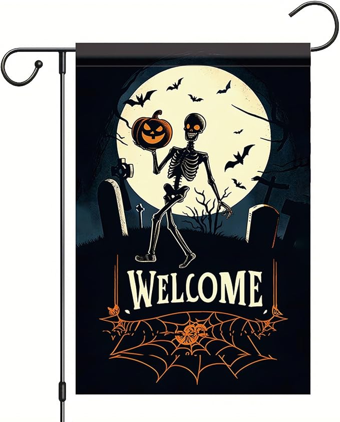 Halloween Garden Flag Skeleton Pumpkin Outdoor Yard Decoration Welcome Banner 12x18 Inch Double Sided Holiday Lawn House Vertical Seasonal Sign Skeleton with Pumpkin Small Yard Flag