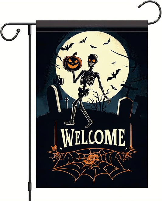 Halloween Garden Flag Skeleton Pumpkin Outdoor Yard Decoration Welcome Banner 12x18 Inch Double Sided Holiday Lawn House Vertical Seasonal Sign Skeleton with Pumpkin Small Yard Flag