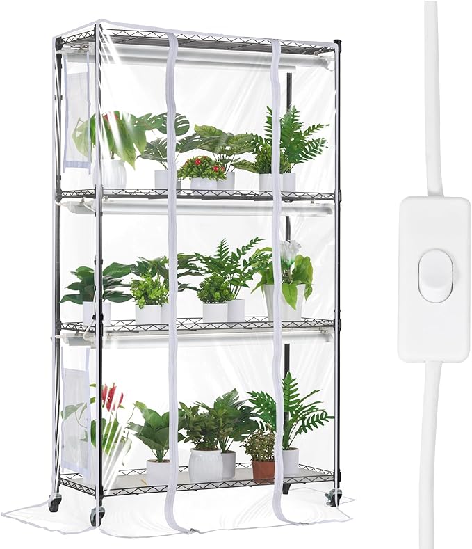 VEVOR Plant Stand with Grow Light, Grow Light Shelf with Cover and Thermometer, 4 Tiers 180W Plant Shelf with Grow Light, Full Spectrum Light Mini Greenhouse Plant Stand with Timer for Seed Starting