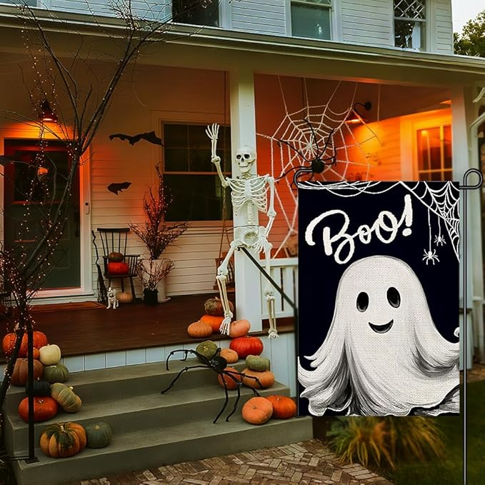 Halloween Ghost Garden Flags for Outside 12x18 Double Sided Burlap, Spooky Boo Sign Welcome Small Flag Farmhouse Holiday Yard Lawn Outdoor Decorations DF886