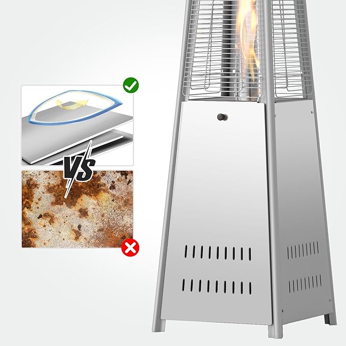 Pyramid Patio Heater 42,000 BTU, Propane Outdoor Heater with Glass Tube and Wheels, Patio Heater with Protection System, Stainless Steel, Suitable for Outdoor Commercial & Residential Use, Silver