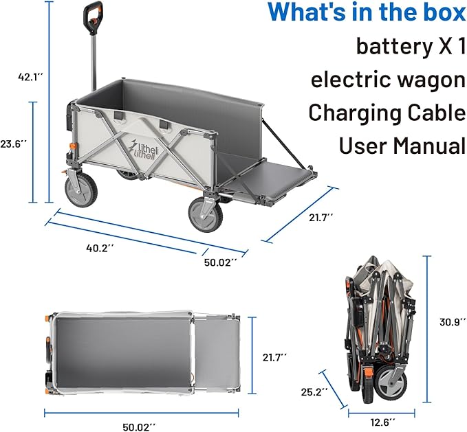 Litheli Electric Wagon Cart with Battery Power, All-Terrain Wheels & Variable Speed | 200L Capacity, 300 lbs Heavy-Duty Utility Wagon for Camping Gear, Beach Trips, Garden Tools & Shopping Hauls