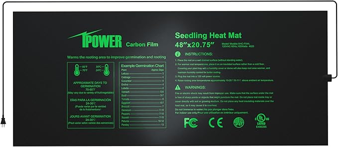 iPower 48” x 20.75” Seeding Heat Mat Upgraded Carbon Film Indoor Warm Hydroponic Plant Germination Starting Pad Durable Waterproof, 48" x 20.75", Black