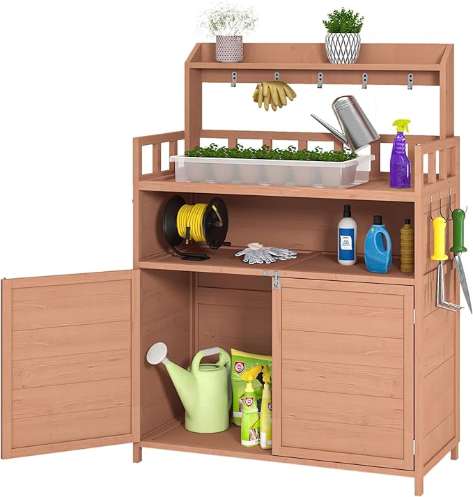 Outdoor Brown Wood Potting Bench - Spacious Gardening Table with Storage Cabinet & Top Shelf - Ideal for Planting and Organizing Your Garden!