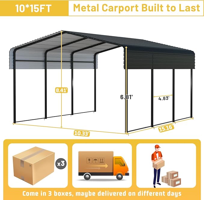Metal Carport 10 * 15 FT with Enhanced Base Heavy Duty Garage with Galvanized Steel Roof Multi-Use Shelter Outdoor for Car, Pickup, Boat and Tractors