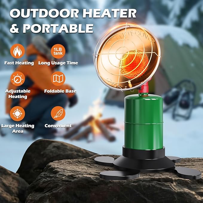 Portable Propane Heater, 6200 BTU Portable Camping Heater Outdoor with Electric Ignition, Control Valve, Gas Cylinder Base for Tent, Fishing, Garage, 7“L x 7"W x 10"H