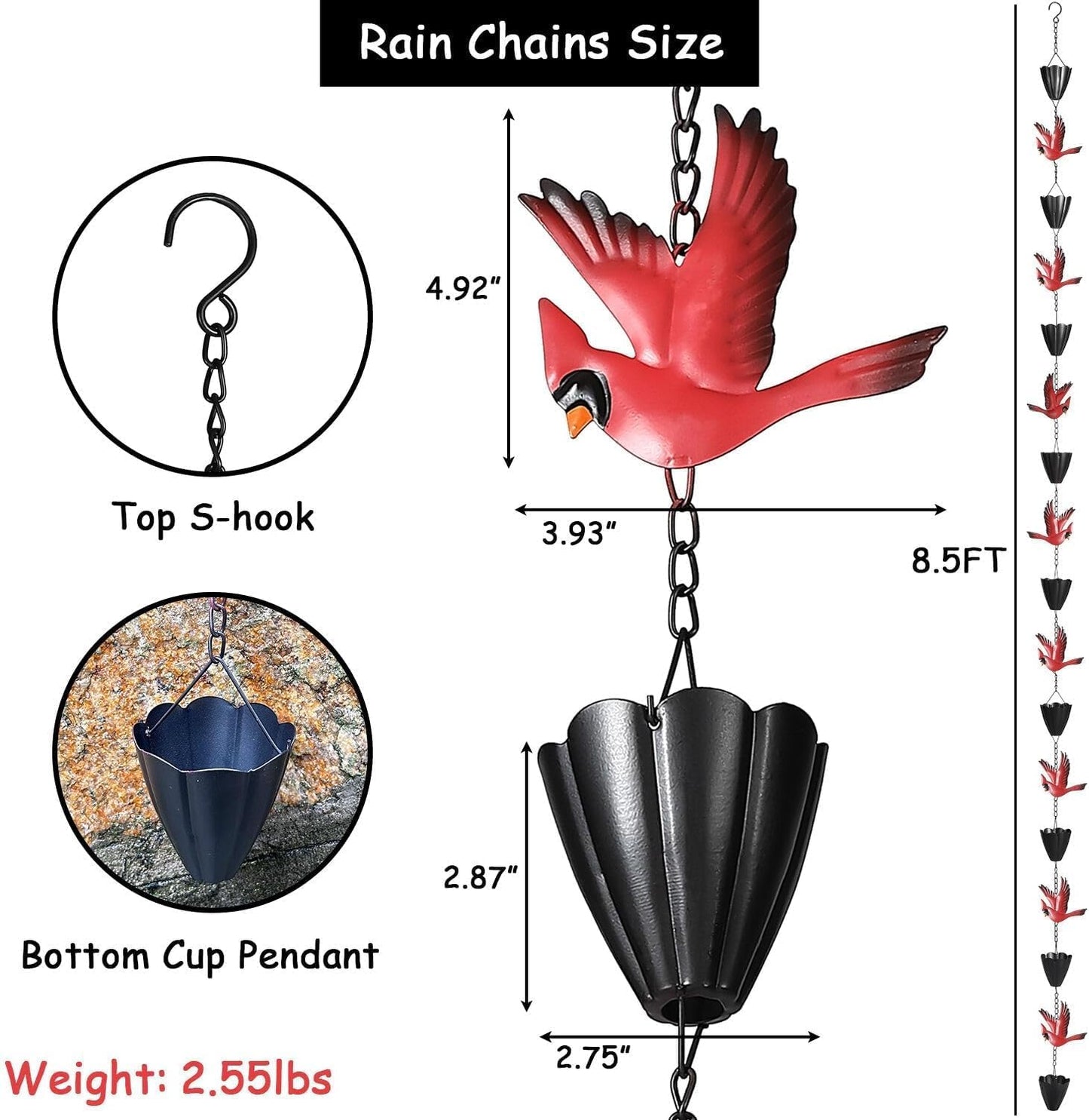 Cardinal Rain Chain, 8.5Ft Rain Chains for Gutters and Downspouts, Metal Decorative Rain Catcher Chain, Bird and Cup Rainwater Gutter Chimes for Outside, Outdoor Garden Decor