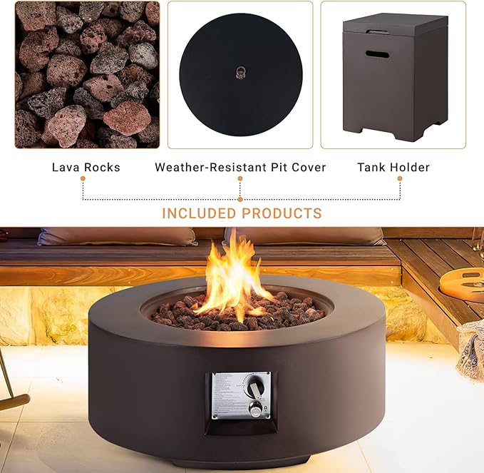 ECOTOUGE 2-Piece Gas Fire Pit, Outdoor Propane Firepit Table Set w/Tank Cover, 30''Auto-Ignition Round Steel Fire Table, 50,000 BTU Concrete fire Pit w/Weather-Resistant Pit Cover, Lava Rocks, Brown