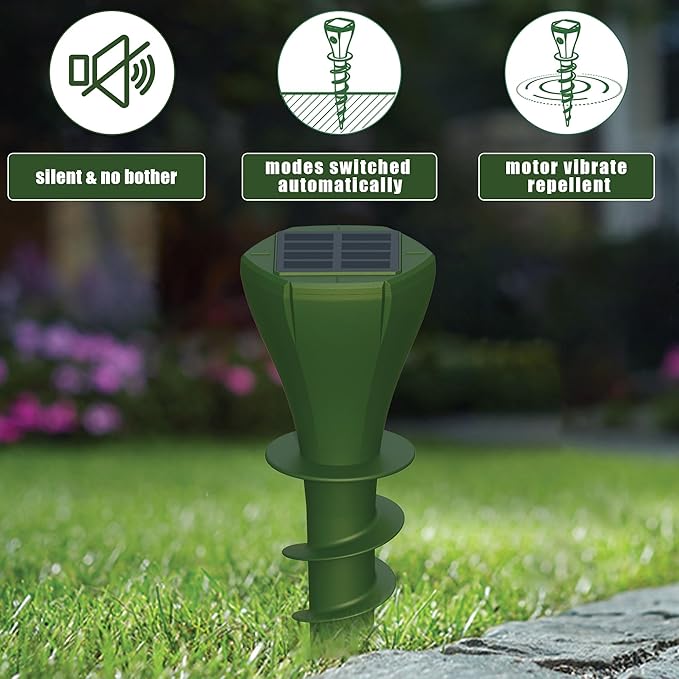 4 Packs Solar Mole Repellers, Gopher Deterrent Device with Vibrating Motor & Spiral Drill Ground Stake, IP65 Waterproof Lawn Garden Yard Pest Repellents Driving Away Vole Groundhog Snakes