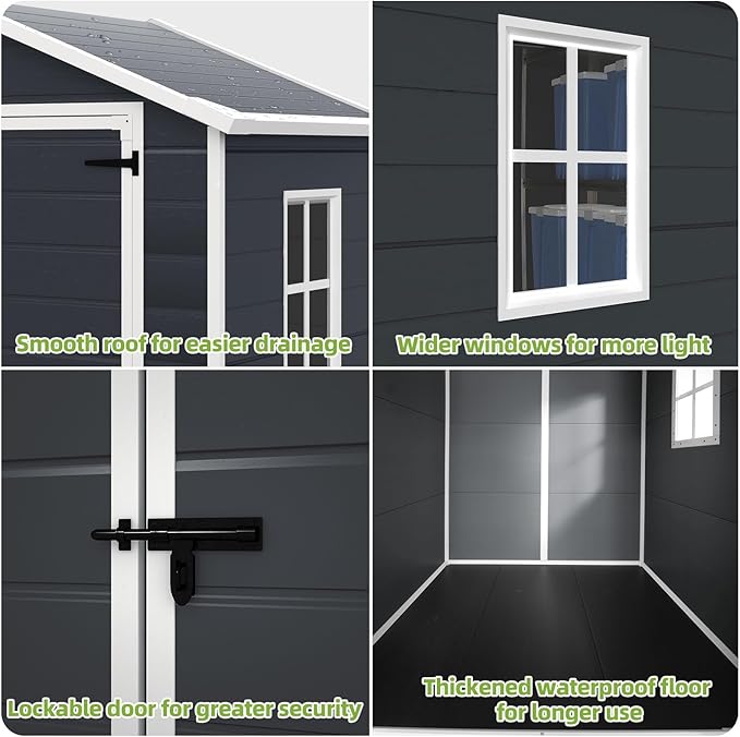 Outdoor Storage Shed 6x4.4FT, Resin Shed Plastic with Floor for Garden Tool,Waterproof Outdoor Resin Storage,Lockable Doors for Patio,Yard,Lawn (Darkgray 6x4)