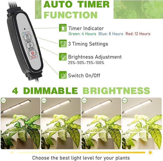 FOXGARDEN Grow Lights Full Spectrum, Four-Head Plant Lights for Indoor Growing with Flexible Gooseneck, 208 LEDs Clip Grow Lamp with 4/8/12H Timer, 4 Brightness Levels, Ideal for Indoor Growth