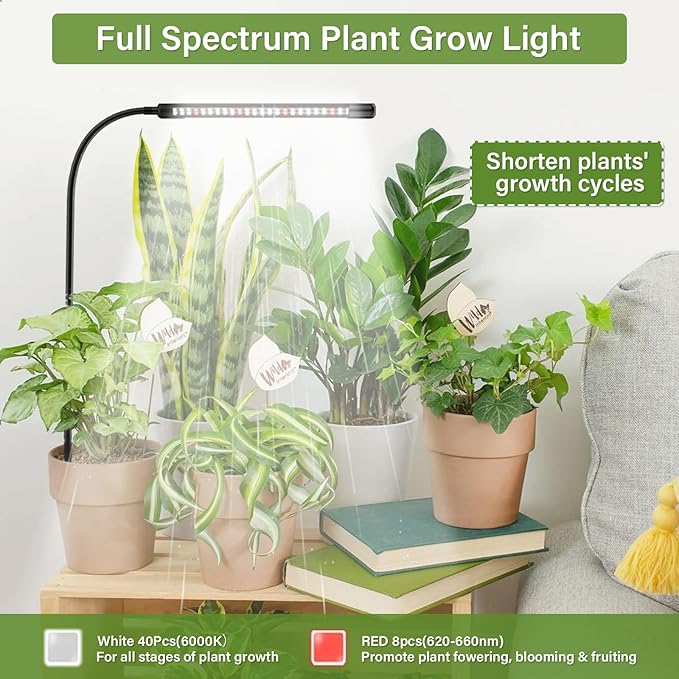 Grow Lights for Indoor Plants, 6000K Full Spectrum Plant Growth Light, Plant Lights for Indoor Growing with 5 Level Dimmable & Auto Timer, Adjustable Gooseneck Grow Lamp, 1 Pack