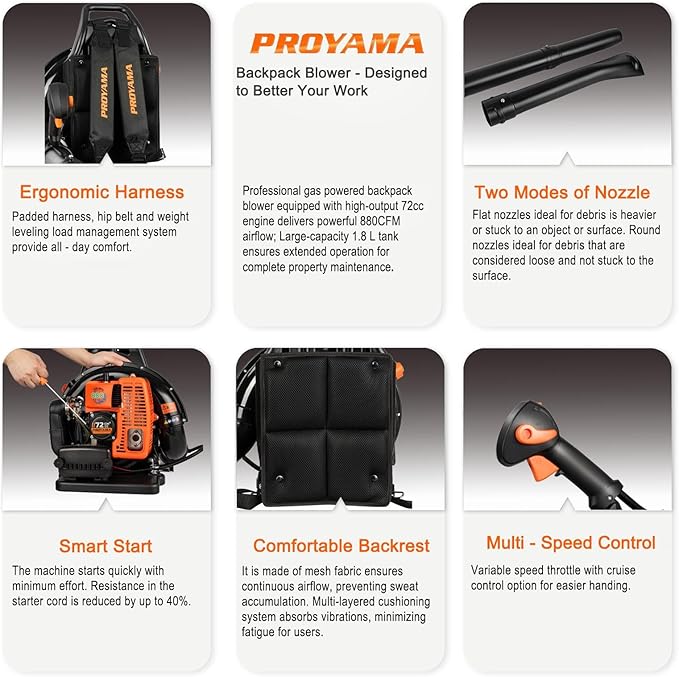 PROYAMA 72CC Gas Backpack Leaf Blower, 2-Cycle 880CFM 275MPH Gas Powered Engine, 2 in 1 Nozzle Low Vibration and Ergonomic Design with Cruise Control for Outdoor GardenYard Cleaning and Snow Removal