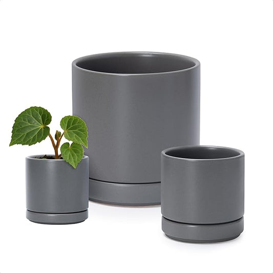 D'vine Dev 3 Inch & 4 Inch & 6 Inch, Set of 3 Round Ceramic Planter Pot with Drainage Hole and Saucer, Grey, 94-T-S-3