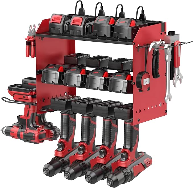 Wall Mount Drill Storage Rack with Charging Station Power Tool Organizer Drill Holder Drill Bit Organizer for Garage Workshop Holds 4 Drills with 8 Outlet Power Strip Christmas Gift(Red)