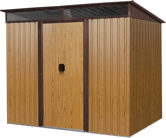 8x6 FT Outdoor Metal Storage Shed with Lockable Sliding Doors and Transparent Plate - Patio Shed for Backyard, Garden, Lawn (Coffee)