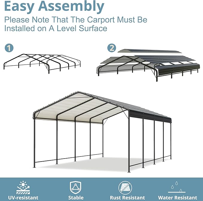 Carport 12x20 FT Metal Carport with Enhanced Base Outdoor Heavy Duty Garage Galvanized Car Shelter for Pickup, Boat, Car and Tractors