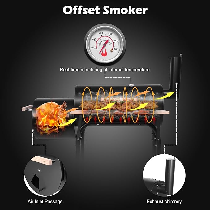 ROVSUN Charcoal Grill, Large Cooking Area of 433 Sq.In., Offset Smoker, Side Table, Perfect BBQ Grill for Indoor/Outdoor Picnic, Black