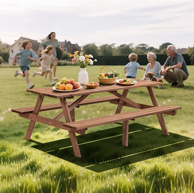8-Person Wooden Picnic Table with 2 Built-in Benches, 75" L x 50" W Outdoor Dining Table, 2220lb Capacity Includes Umbrella Hole, Perfect for Backyard, Camping, Natural