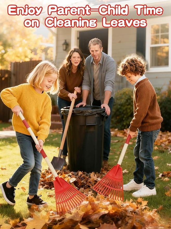 Acostop 2 Pcs Kids Rakes with Wood Handle - 34" Lightweight Plastic Garden Rake for Leaves, Safe to Use Kid Yard Tools for Boys Girls Fall Gardening Gifts (Red)