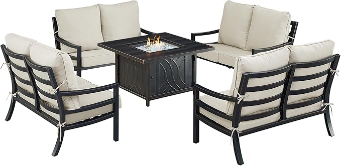 Oakland Living Black Aluminum Patio Fire Table Set with Four Deep Seating Loveseat with Cushions with Light Grey Cushions