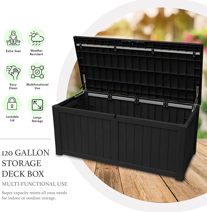 AJP Distributors 120 Gallon Outdoor Storage Box, Rain Waterproof Resin Deck Box, Lockable Large Storage Container for Patio Furniture, Cushions, Garden Tools, Sports Equipment and Pool Supplies Black