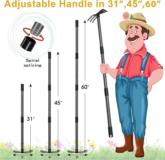 Garden Hoe, 2 in 1 Hand Hoe Garden Tools,60 Inch Long Handle,Garden Hoe and Cultivator for Weeding Cultivating Planting, Small Hand Rake Tiller for Flower Bed Gardening, Loosening Soil
