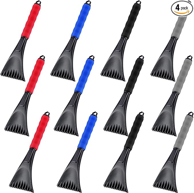 4 Pieces Ice Scraper for Car Windshield Plastic Snow Frost Ice Removal Tool with Foam Handle for Cars Trucks Window (Black, Red, Blue, Gray)