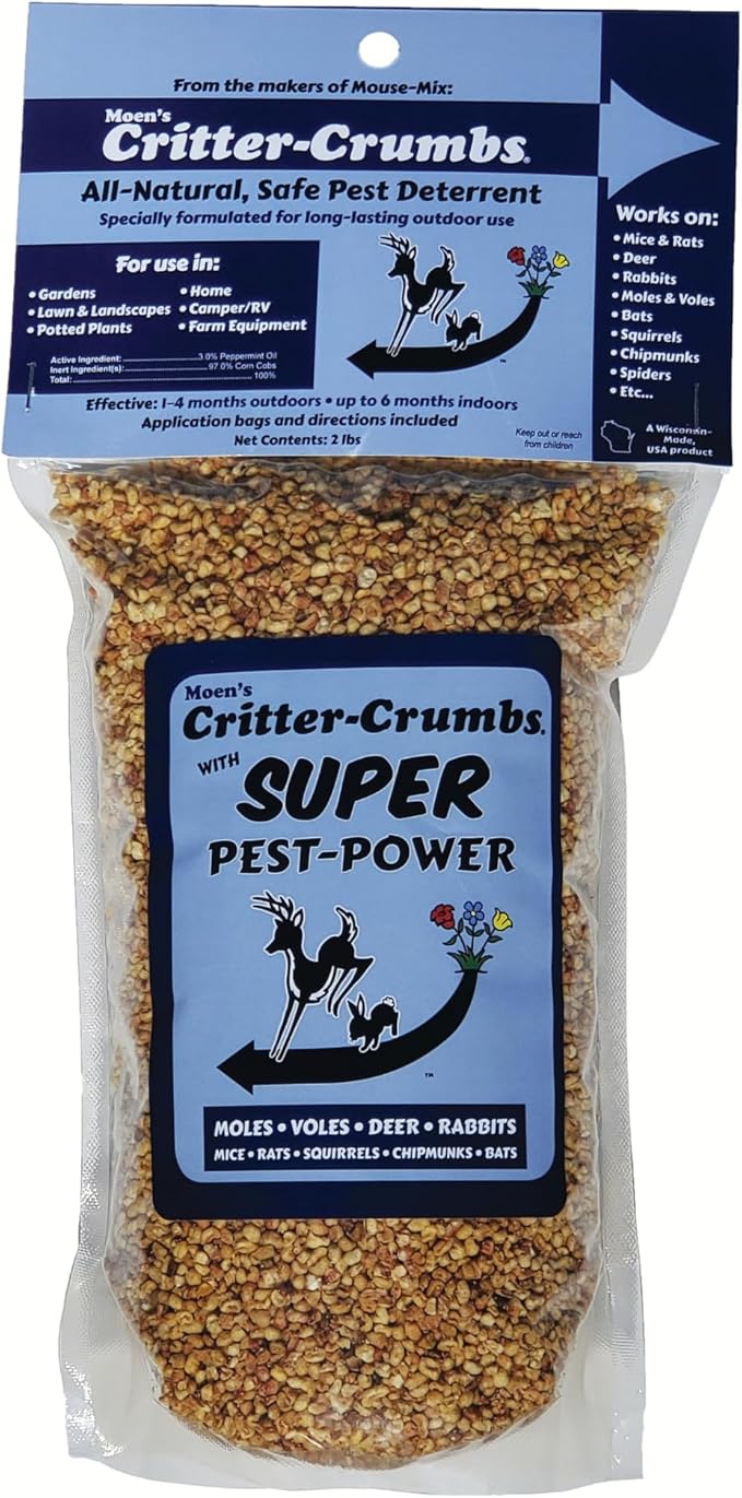 Moen's Critter Crumbs Mouse & Rodent Repellent – Peppermint Oil Indoor & Outdoor Deterrent for Mice, Rats,Rabbits, Squirrels & Deer – Safe for Pets & Family-Super pest Power-½ Gallon