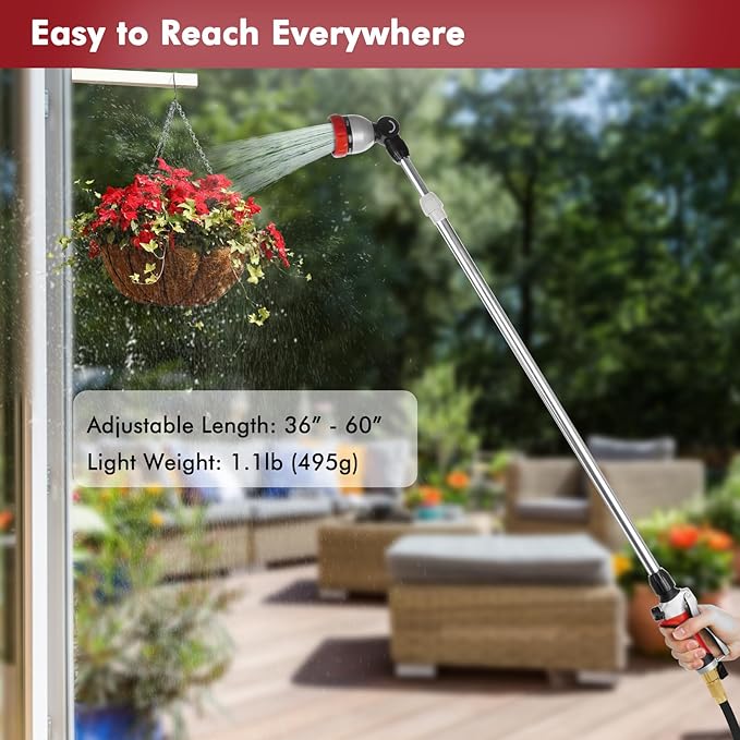 RESTMO Metal Watering Wand, 36”-60” Long Telescopic Tube | 180° Adjustable Ratcheting Head | 7 Spray Patterns | Flow Control, Perfect Garden Hose Sprayer to Water Hanging Baskets, Shrubs, Red