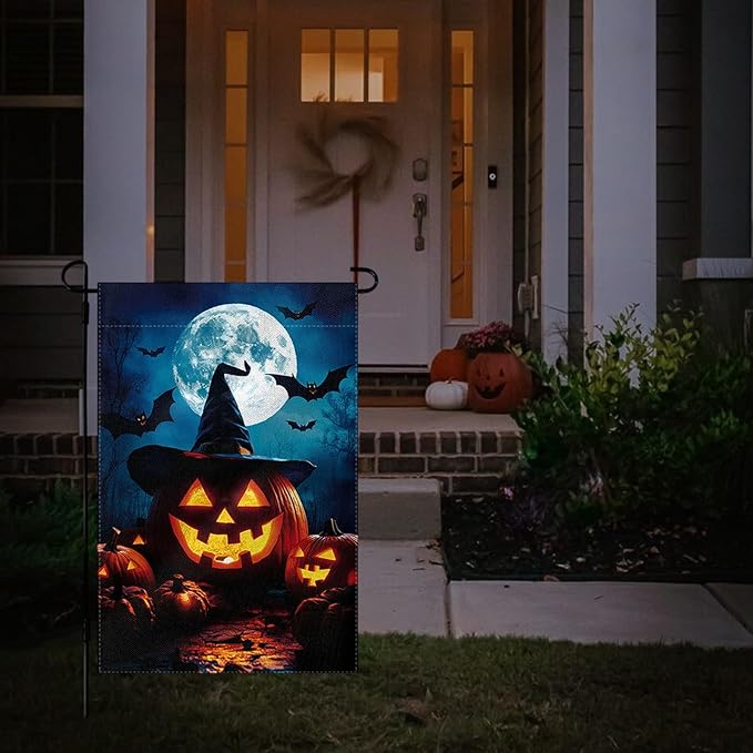 Halloween Garden Flag 12 x 18 Inch Double Sided Pumpkin Bat Moon Designs Welcome Fall Autumn Burlap Yard Flag for Outside Rustic Yard Outdoor Holiday Home Decoration