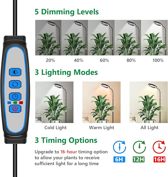 Grow Lights for Indoor Plants, Full Spectrum Floor Standing Plant Lights with 68" Stand for Growing Large Tall Plants, Black Halo LED Plant Grow Light with 6/12/16H Timer