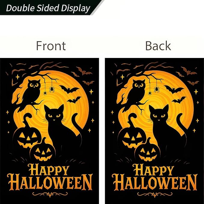 Halloween Garden Flag 12x18 Inch Black Cat Flag Pumpkin Owl Full Moon Double Sided Fall Flags Yard Banner for Outdoor Lawn Porch Garden Holiday Decor