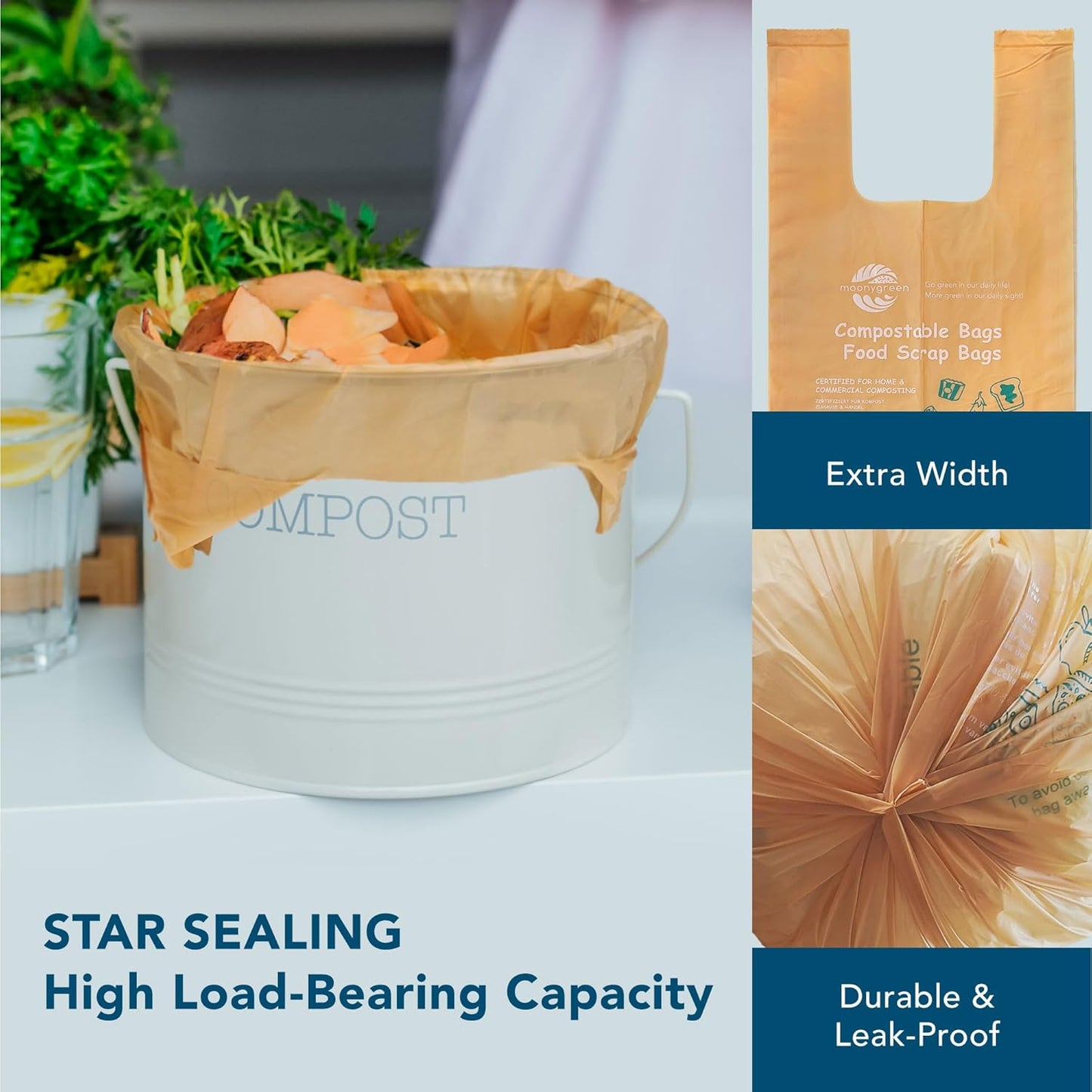 1.6 Gallon Compostable Handle Tie Garbage Bags, Small Trash Bags for Countertop Bin, Extra Thick 0.78 Mils, Certified US BPI ASTM D6400, 6 Liter, 50 Count