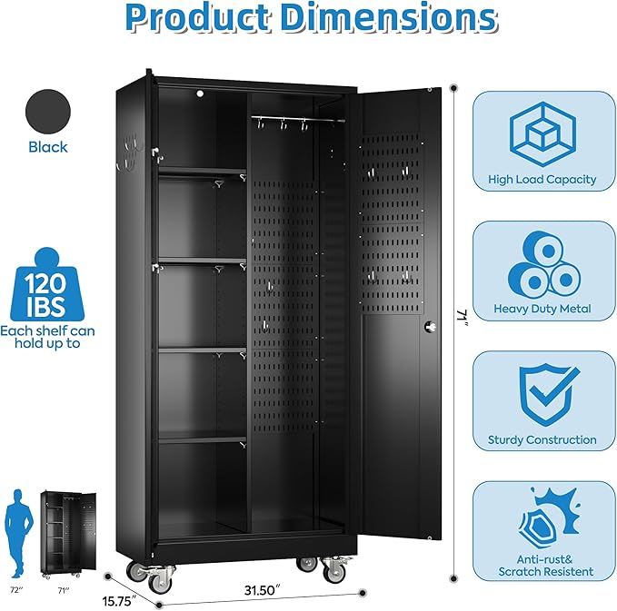 71" H Broom Closet Storage Cabinet with Wheels and Pegboard,Metal Garage Storage Cabinet with Lockable and Magnetic Doors,Adjustable Shelves for Garage Home Office,Required Assembly,Black