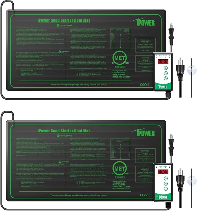 iPower 2-Pack 40-108 Degrees Fahrenheit Digital Heat Mat Thermostat Controller and 10" x 20" Hydroponic Seeding Warm Pad Plant Starting Kit Combo