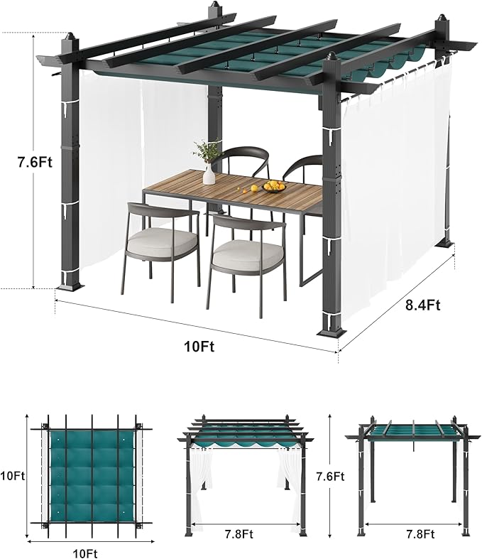 10x10 Ft Outdoor Aluminum Pergola, Upgraded Grey Retractable Pergola with Adjustable Roof & Side Mesh Screen, Modern Metal Patio Gazebo for Deck, Backyard, Porch, Vineyards, Blue + White