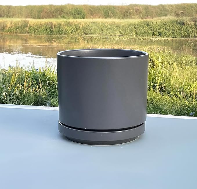 Mid Modern Planter with Detached Saucer (Jet Grey,14.0" D x 12.0" H)