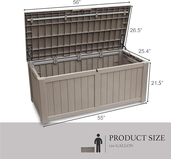 AJP Distributors 120 Gallon Outdoor Storage Box, Rain Waterproof Resin Deck Box, Lockable Large Storage Container for Patio Furniture, Cushions, Garden Tools, Sports Equipment and Pool Supplies Taupe
