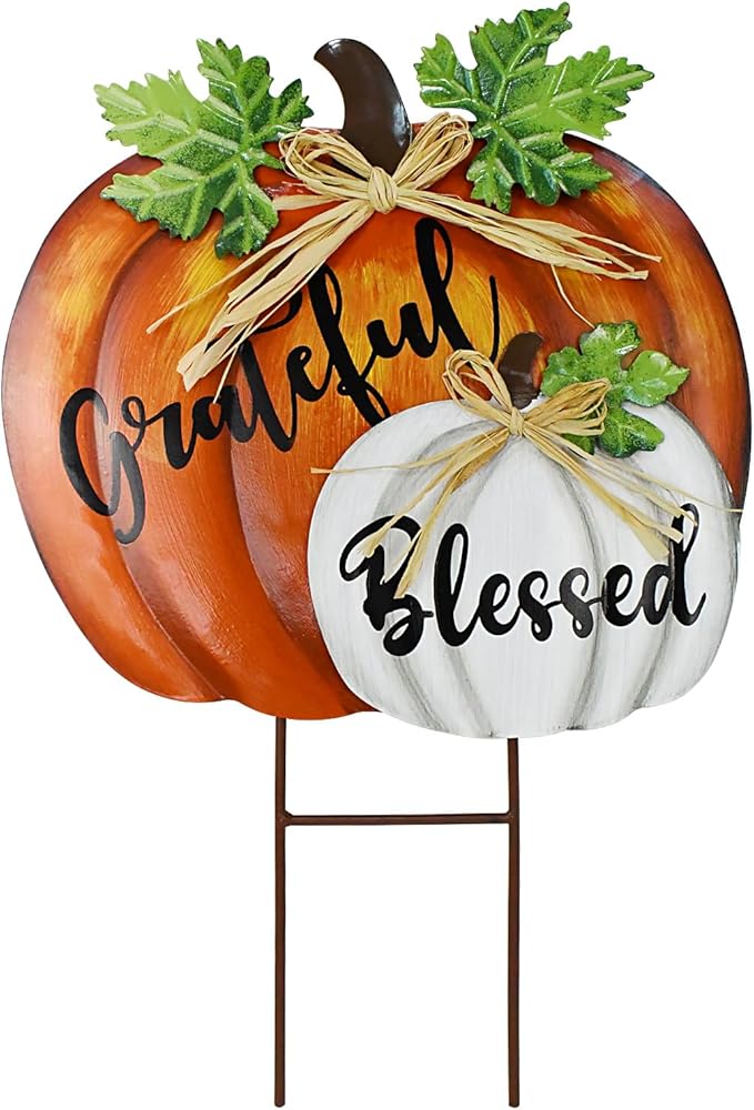 Metal Yard Pumpkin Fall Stakes Decorative Standing Garden Welcome Signs Lawn Stake Outdoor Autumn Harvest Halloween Thanksgiving Decor Pumpkins Pathway Decoration (Orange)