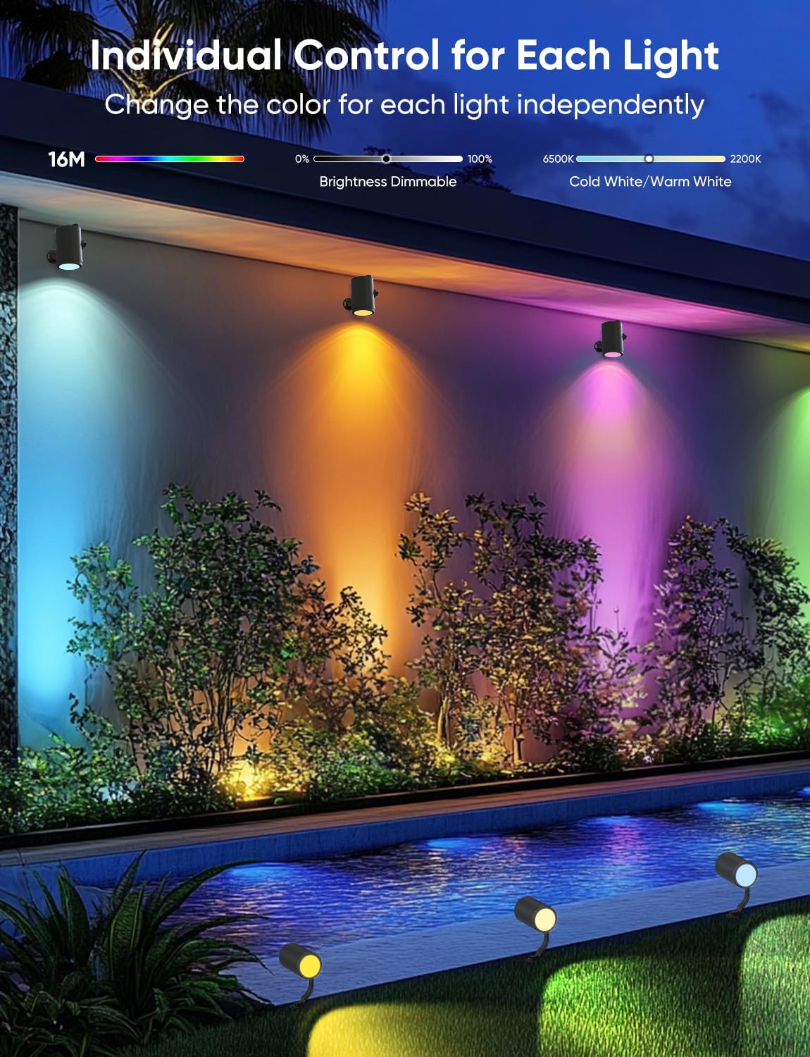 Smart Landscape Lighting Kit 36W, RGBCW Smart Landscape Lights 6 Pack, IP65 Waterproof Outdoor Spotlights, Alexa/Google Assistant Compatible, for Garden Pathway Yard Holiday Decor