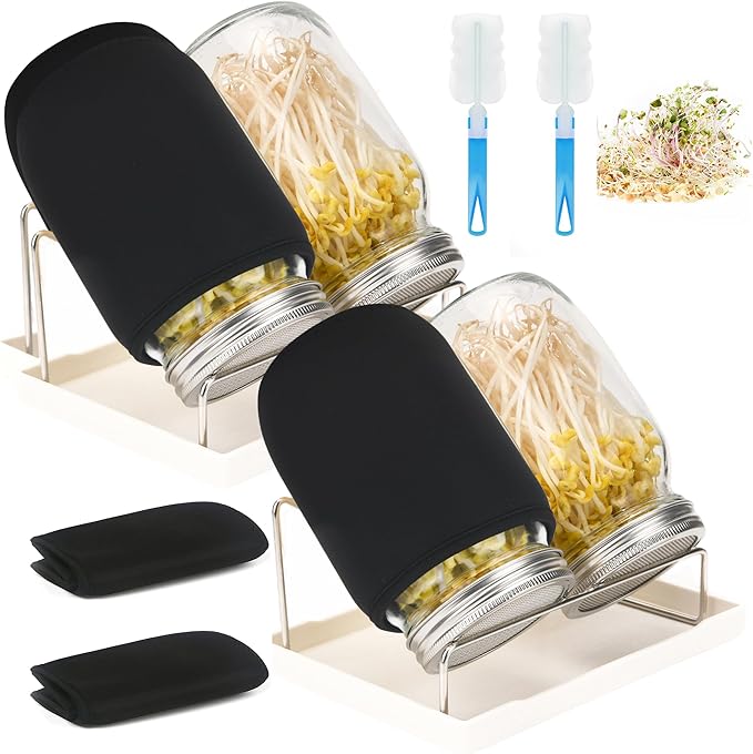 Lulonpon Sprouting Kit, 4 Sprouting Jar Kits, Wide Mouth Quart Mason Jars with Stainless Steel Screen Sprout Lids,1000ml Sprouts Growing Kit, Seed Sprouter Set for Growing Broccoli, Bean, Alfalfa ﻿