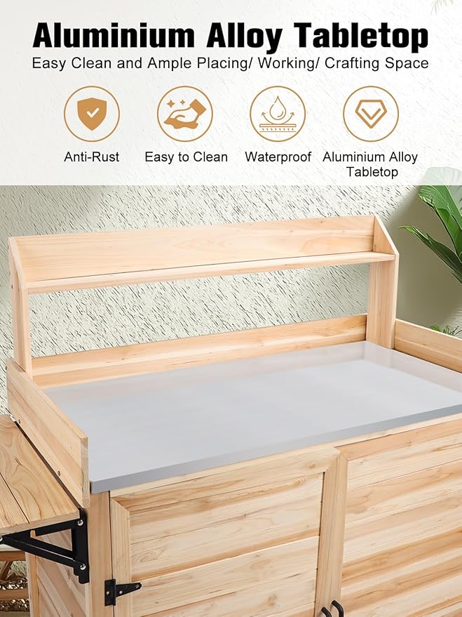 Kalolary Potting Bench for Outside Garden Potting Table with Storage Cabinet Foldable Shelf Multipurpose Garden Workstation Wooden Outdoor Potting Bench for Patio Garden Horticulture