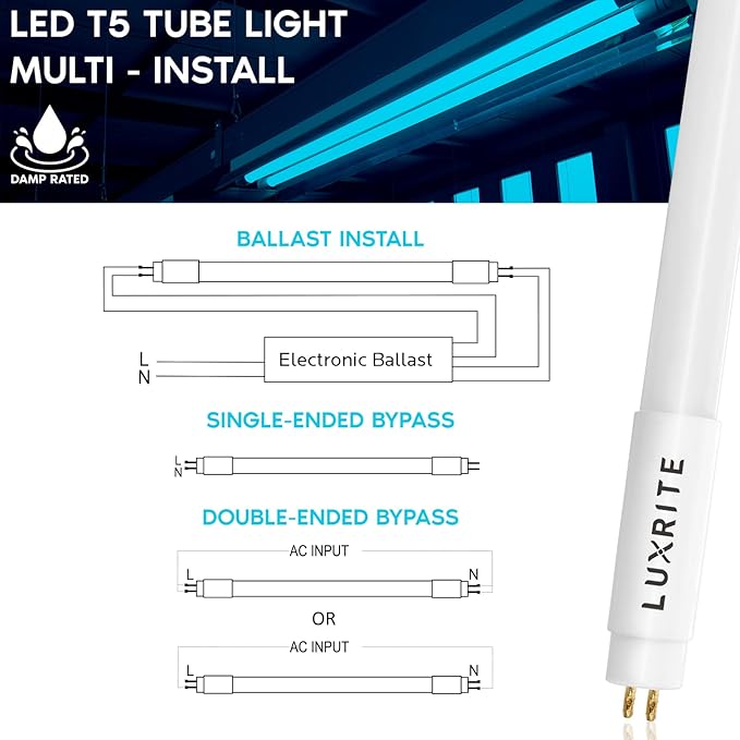 LUXRITE 30-Pack 4FT T5 LED Tube Lights, Type A+B, 24W=54W, 3500K Natural White, 45.78", Ballast and Ballast Bypass Compatible, Single or Double End Powered, F54T5 Fluorescent Replacement, Damp Rated