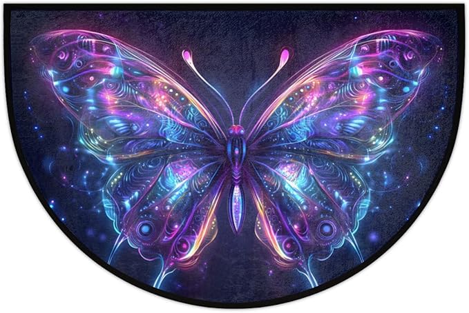 cfpolar Non-Slip Soft Half Round Door Mat, Glowing Purple Butterfly Semicircle Mat for Indoor Entrance Garage Bath Living Room Patio 24 x 36 in