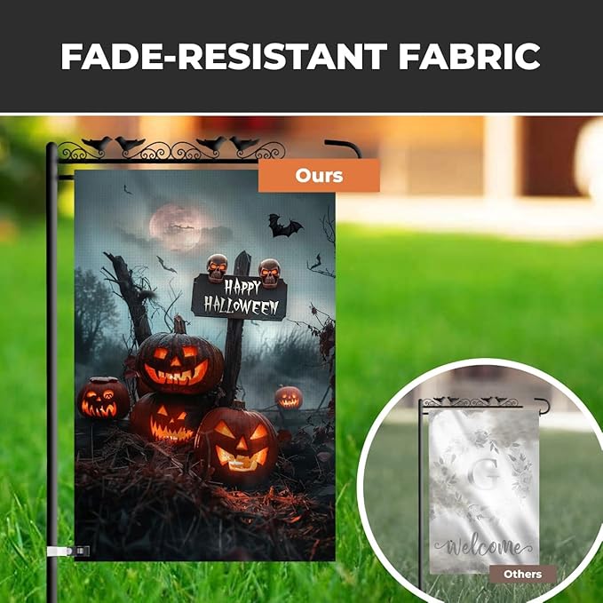 Happy Halloween Garden Flag 12x18 – Double Sided Burlap Fall Outdoor Flag with Jack-o'-Lanterns, Skulls, Bats & Graveyard Scene