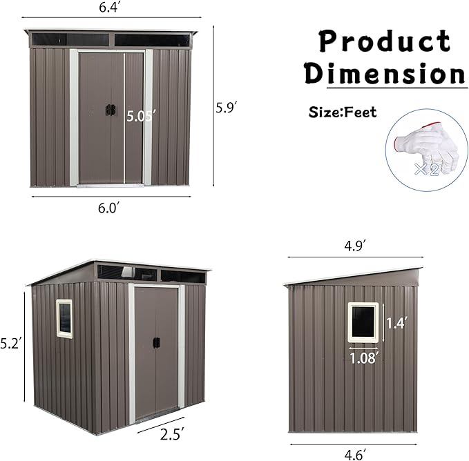 6X5 FT Outdoor Storage Shed, Waterproof Metal Garden Sheds with Lockable Door, Steel Tool Storage Buildings Shed & Outdoor Storage House for Garden, Backyard, Patio, Lawn, Trash Cans(Gray)