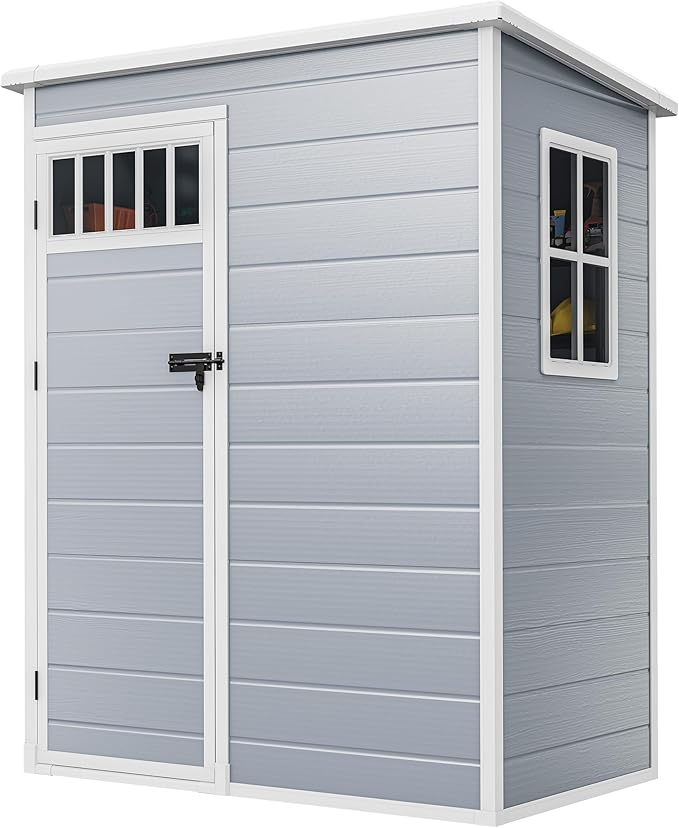 DWVO 5x3FT Outdoor Storage Shed with Fence-Style and Side Windows, Floor, Lockable Doors, Plastic Storage Shed for Backyard and Garden, Gray